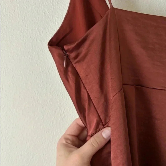 Significant Other Goldie Draped Satin Side Ruched Slip Strappy Mini Dress Bronze - Picture 8 of 10